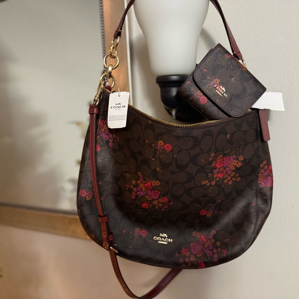 Coach Dark Brown and Pink Floral Shoulder Bag
